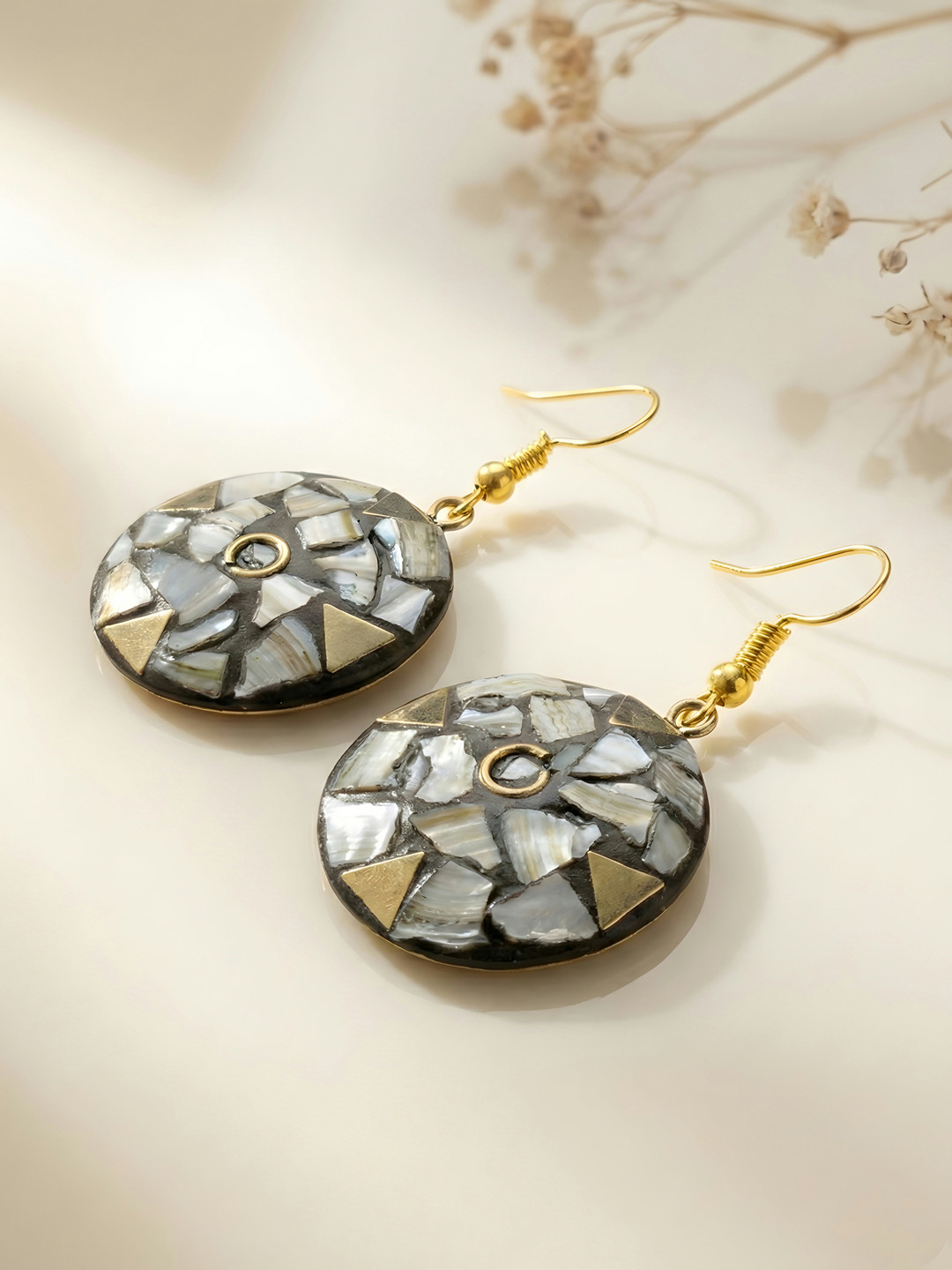 ADIVA Gold Plated Round Shape Grey Stone Studded Statement Casual Wear Dangler Earrings