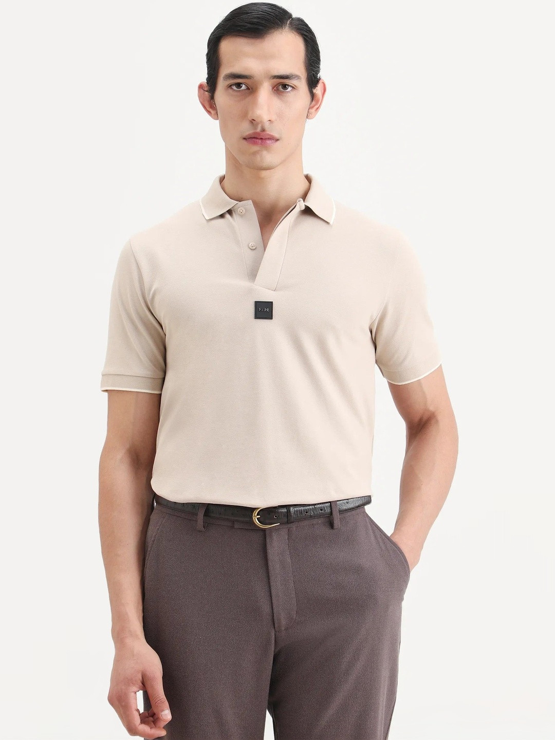 RARE RABBIT Men Plain Spread Collar Half Sleeve Cotton Blend Regular Fit Polo T-Shirt