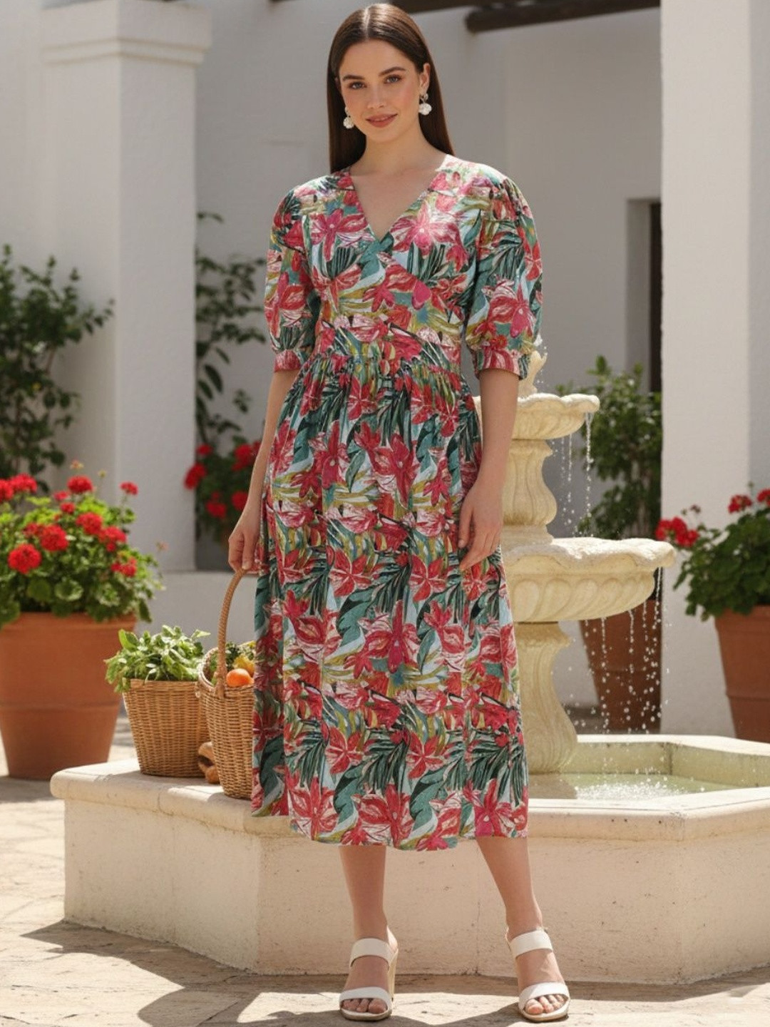 GENZILOOKS Floral Print Puff Sleeve Fit & Flare Midi Dress