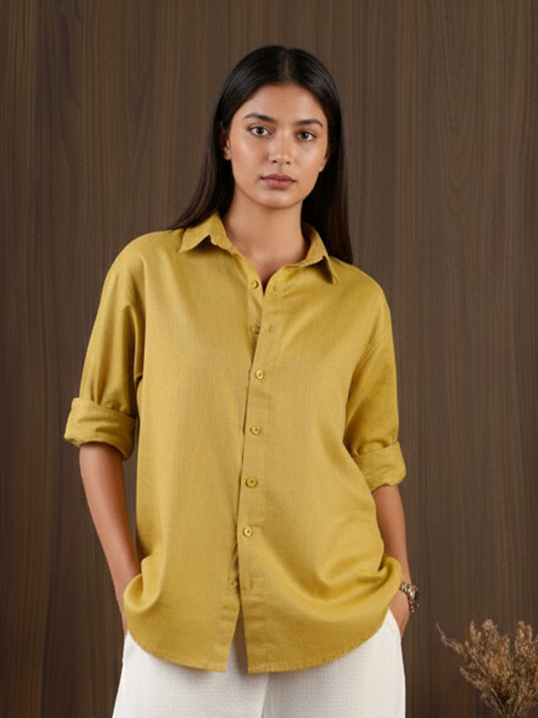 NISHORAMA Oversized Linen Blend Three-Quarter Sleeves Shirt