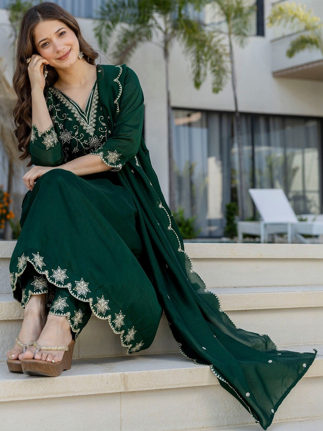 KALINI Women Ethnic Motifs Embroidered Tiered Thread Work Kurta with Trousers & With Dupatta