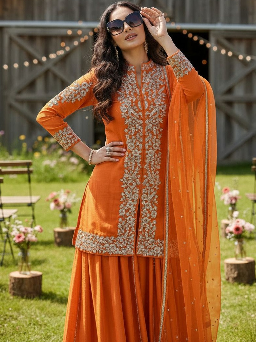 Anouk Women Ethnic Motifs Embroidered Regular Thread Work Kurta with Sharara & With Dupatta