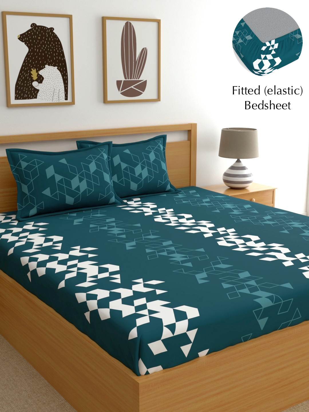 Dreamscape Blue Geometric Cotton Blue King Fitted Bedsheet with 2 Pillow Covers