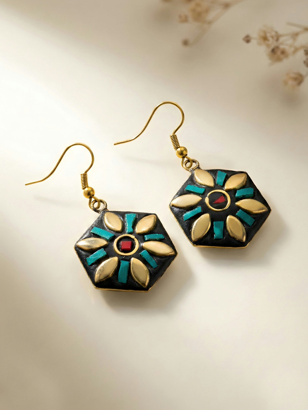 ADIVA Gold Plated Hexagon Shape Green Red Stone Statement Casual Wear Dangler Earrings