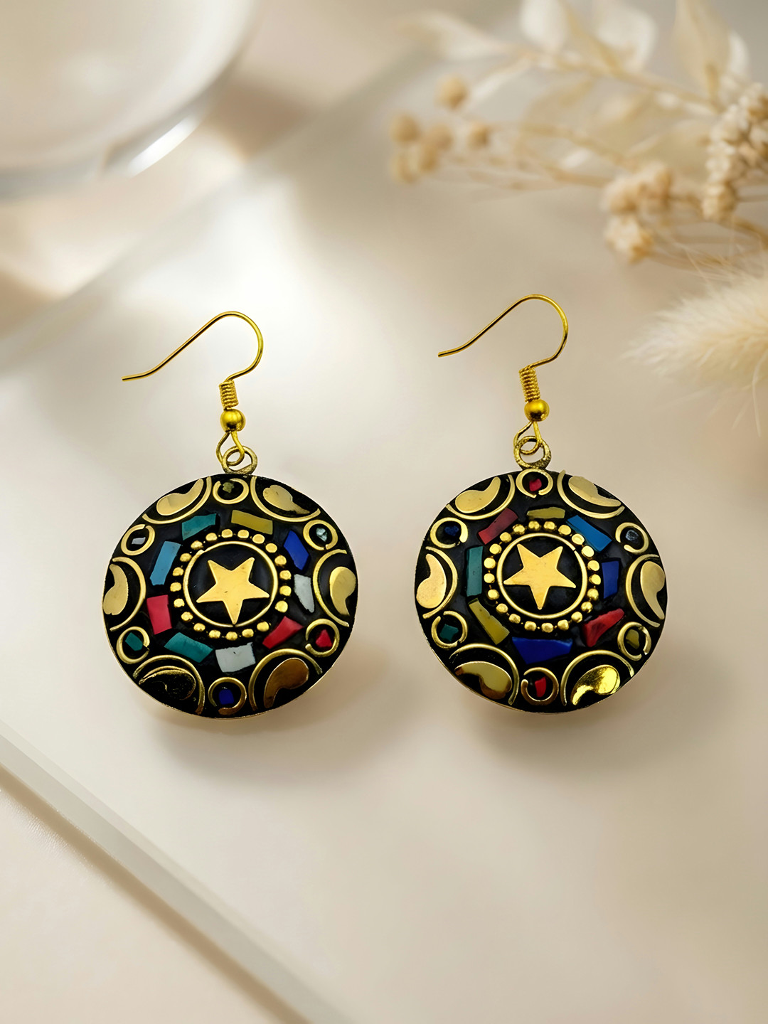 ADIVA Gold Plated Round Shape Multicolour Stone Studded Statement Casual Wear Earrings