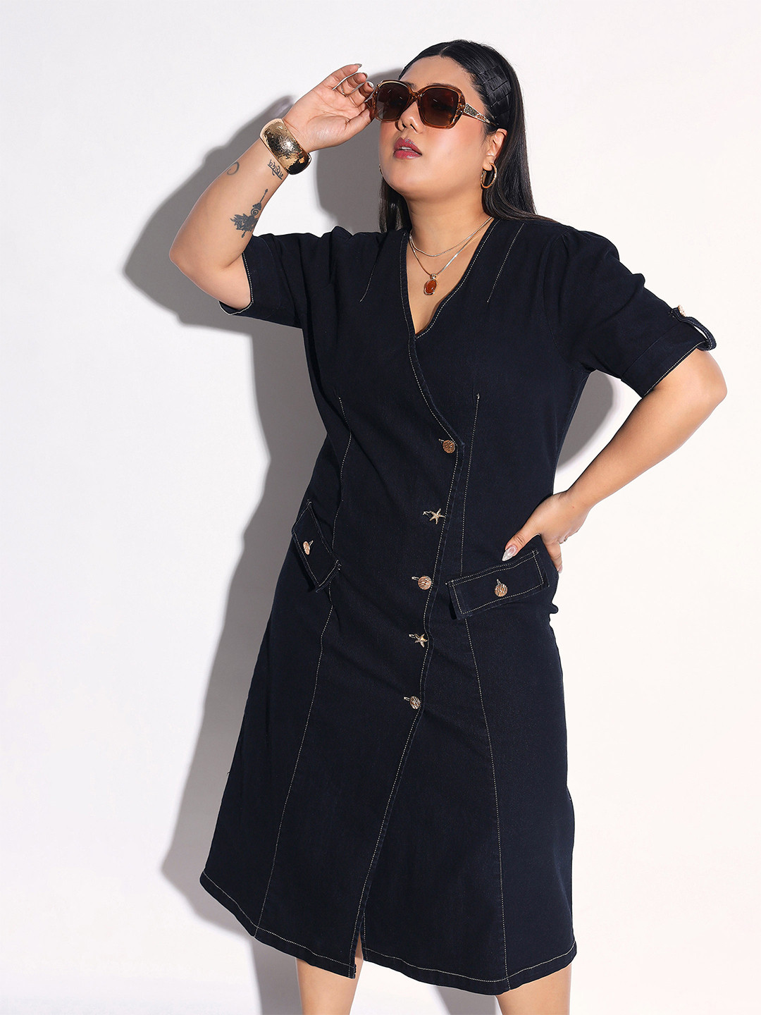SASSAFRAS Curve Denim Shirt Midi Dress