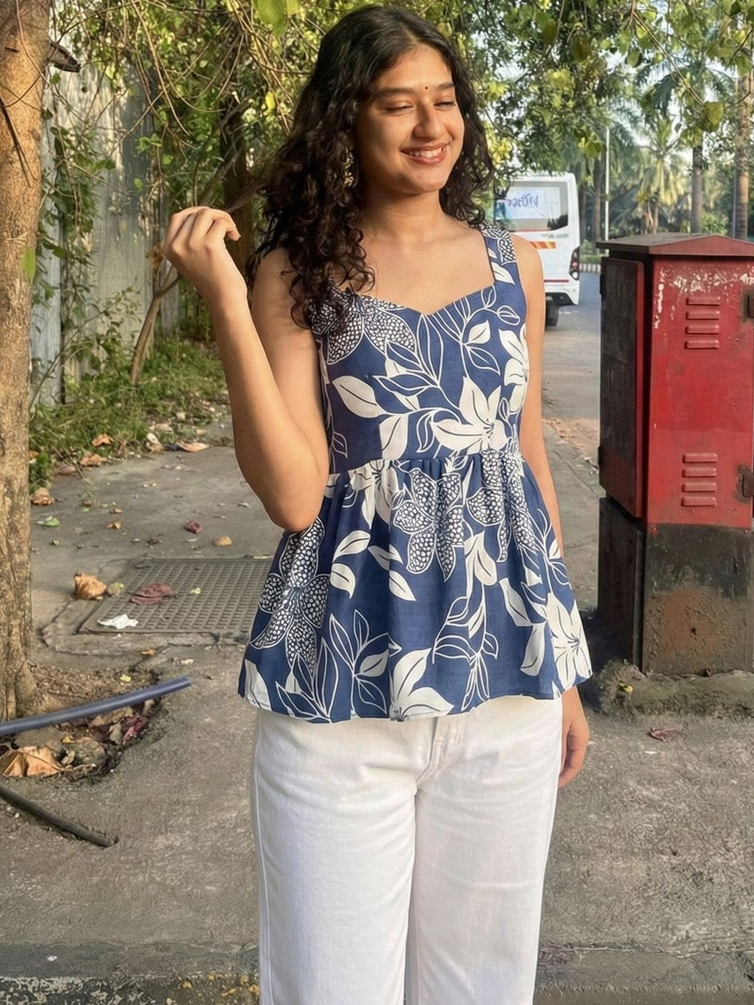 DHAKRE FASHION Floral Print Sweetheart Neck Cotton Peplum Top