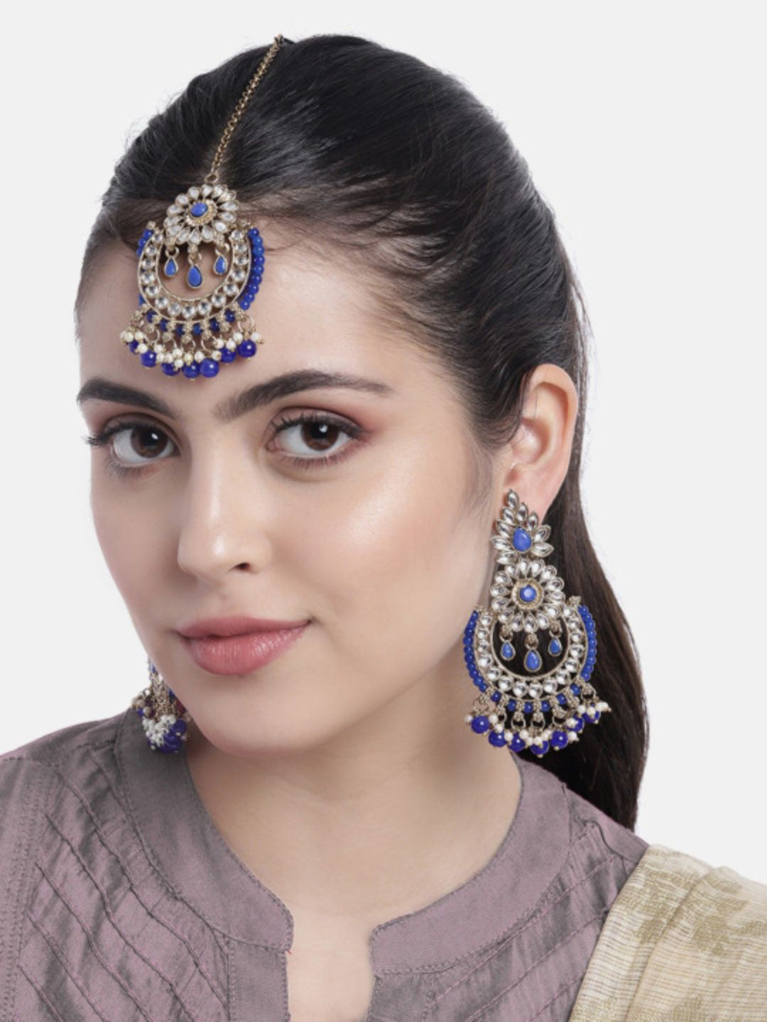 I Jewels Navy Blue & White Floral Studded Gold Plated Jewellery Set