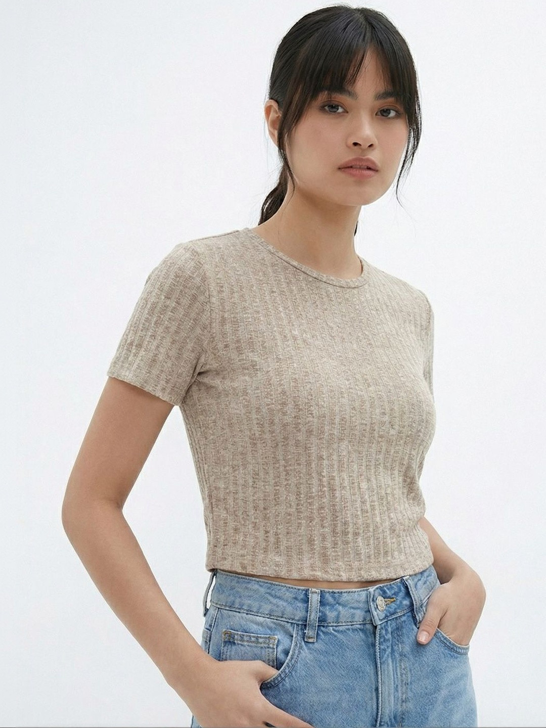 glitchez Women Solid Beige Ribbed Crop Top