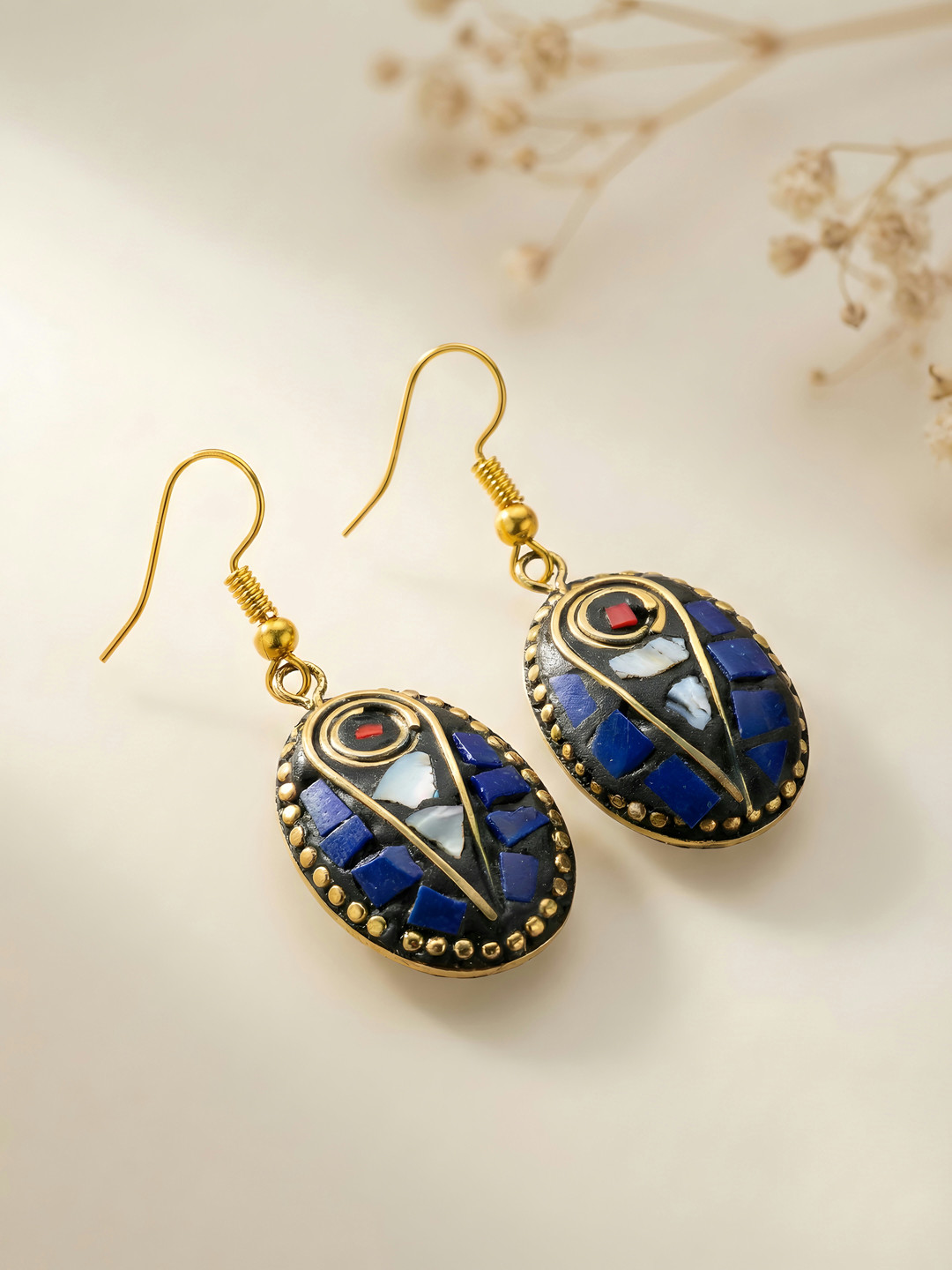 ADIVA Gold Plated Oval Shape Blue Stone Studded Statement Casual Wear Dangler Earrings