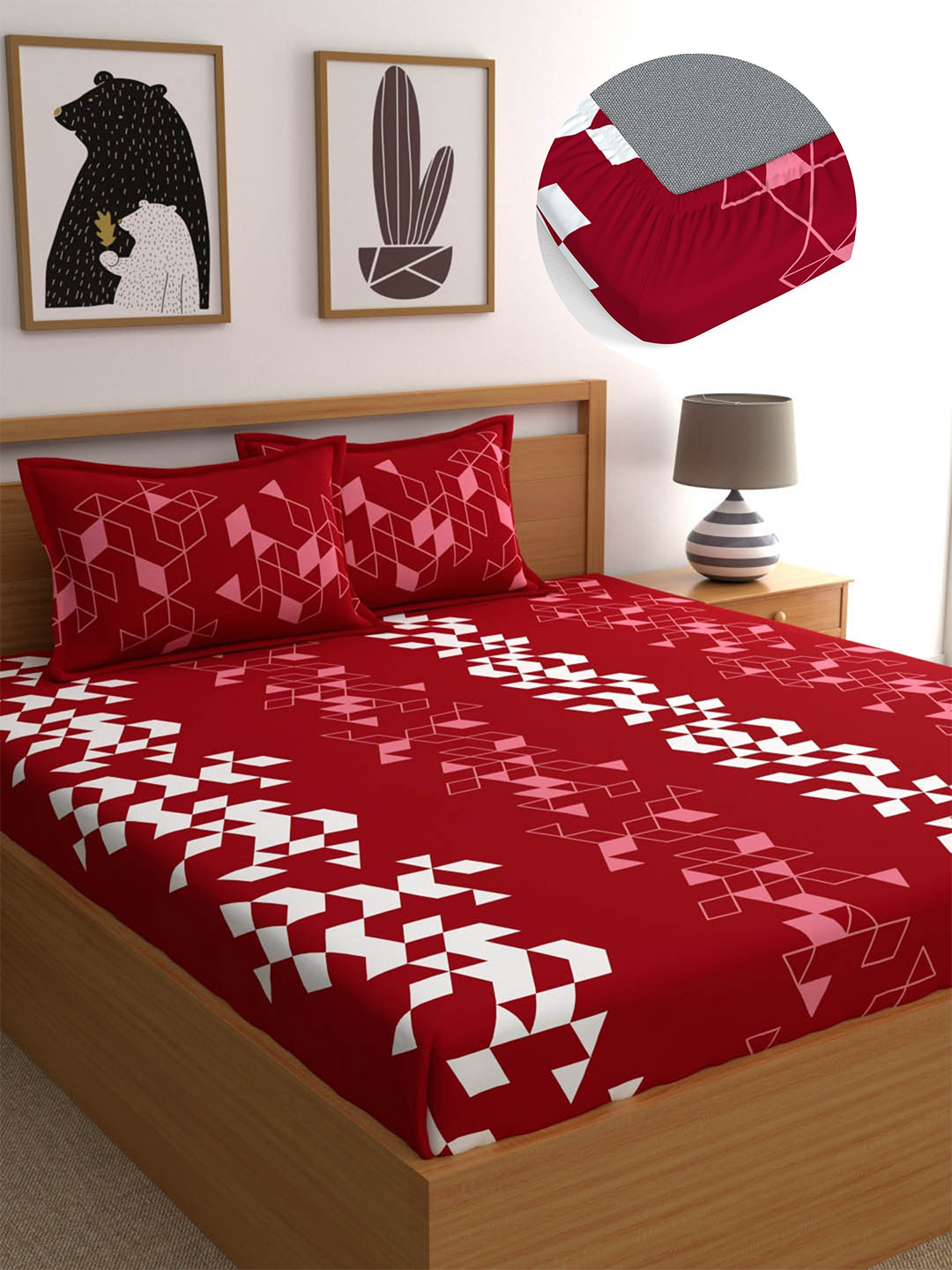 Dreamscape Red Abstract Cotton 144 TC Fitted King Bedsheet with 2 Pillow Covers-72 x 78 inches