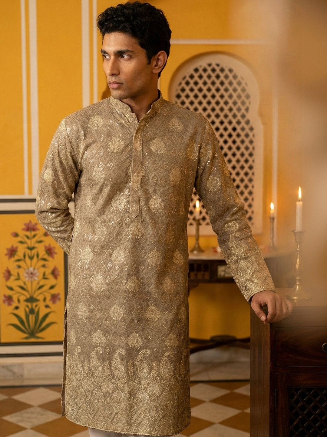 Jompers Men Paisley Embroidered Chikankari Kurta