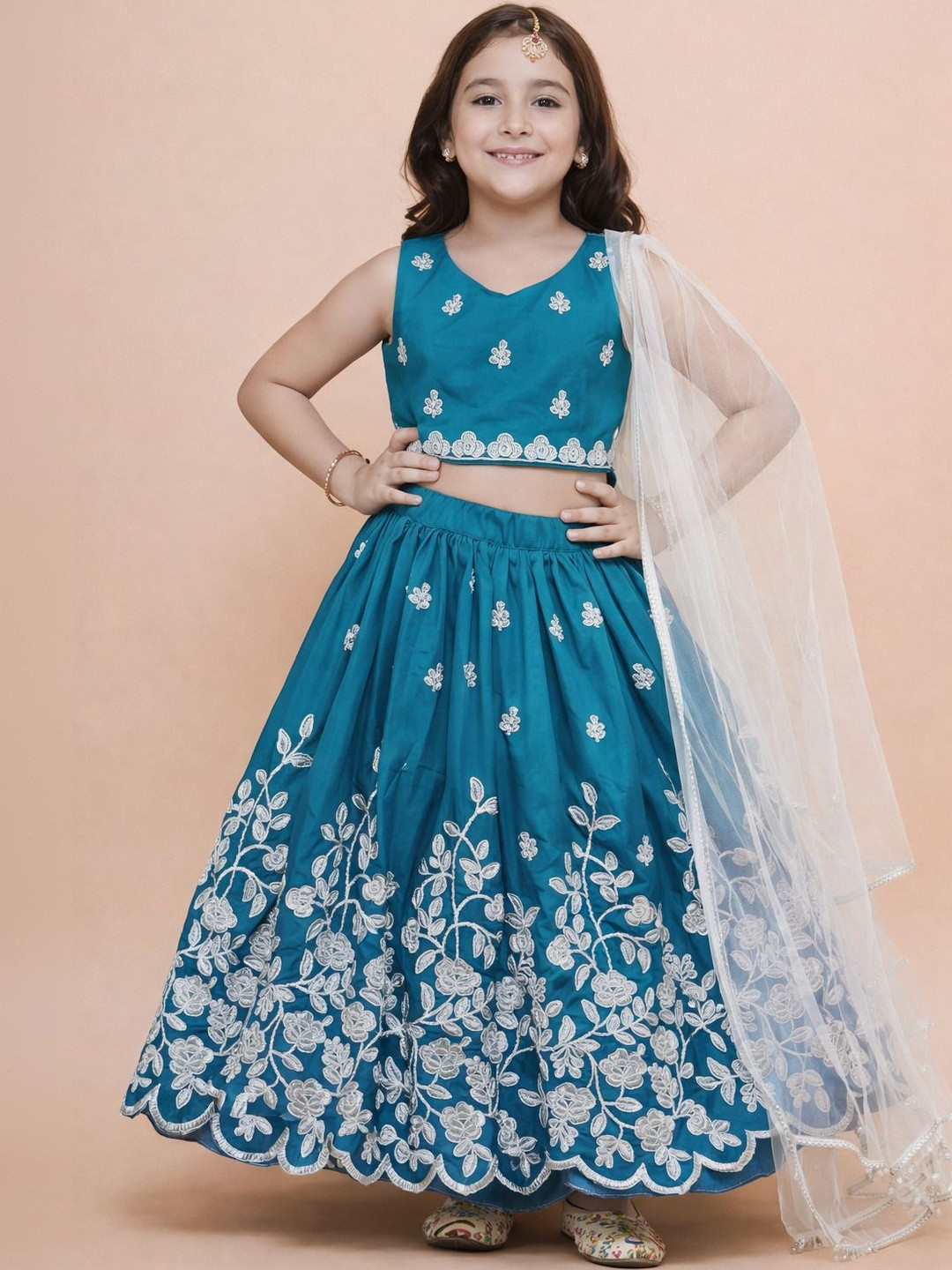 KATRODIYA ENTERPRISE Girls Embroidered Thread Work Semi-Stitched Lehenga & Blouse With Dupatta