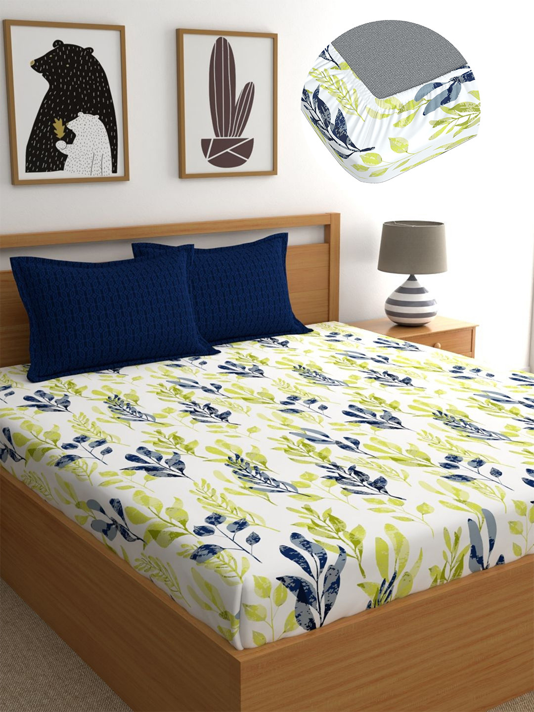 Home Ecstasy Blue Floral Cotton 140 TC Fitted Super King Bedsheet with 2 Pillow Covers-72 x 78 inches
