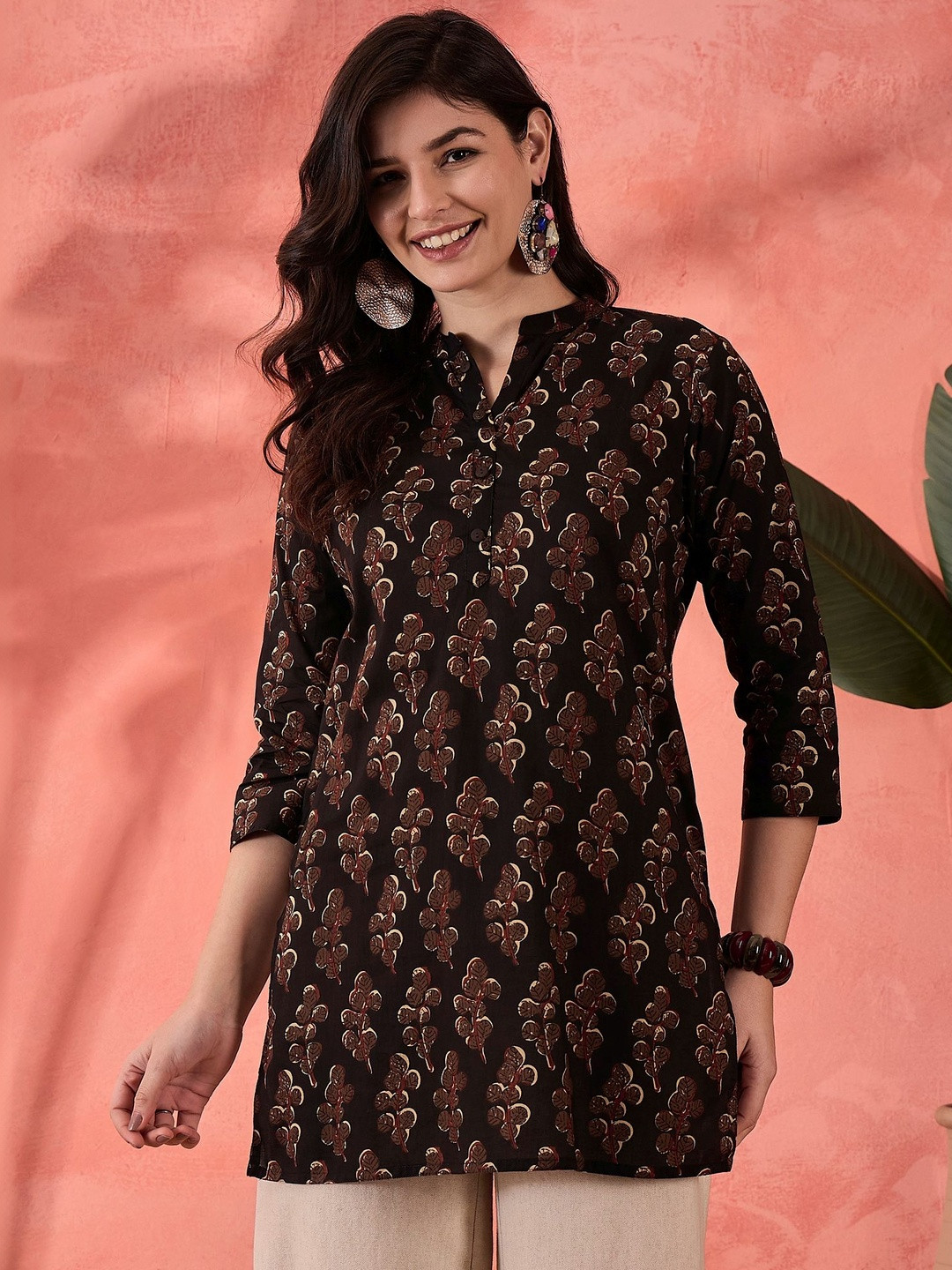 Sangria Print Mandarin Collar Ethnic Cotton Blend Top