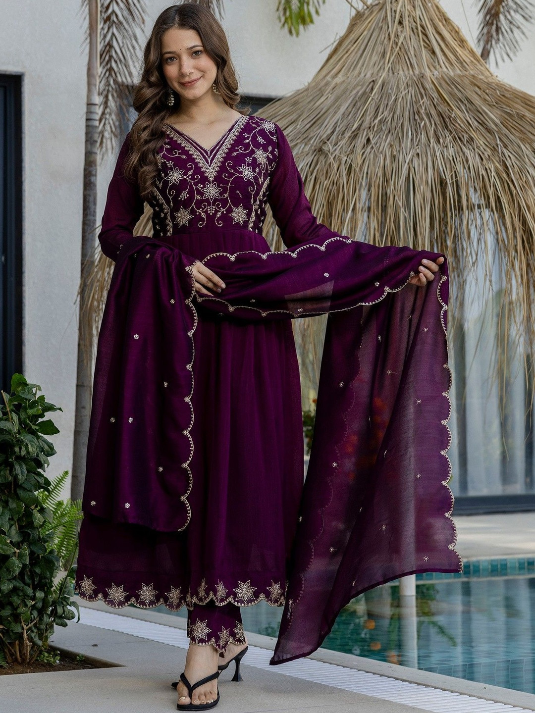 KALINI Women Ethnic Motifs Embroidered Empire Thread Work Kurta with Trousers & With Dupatta