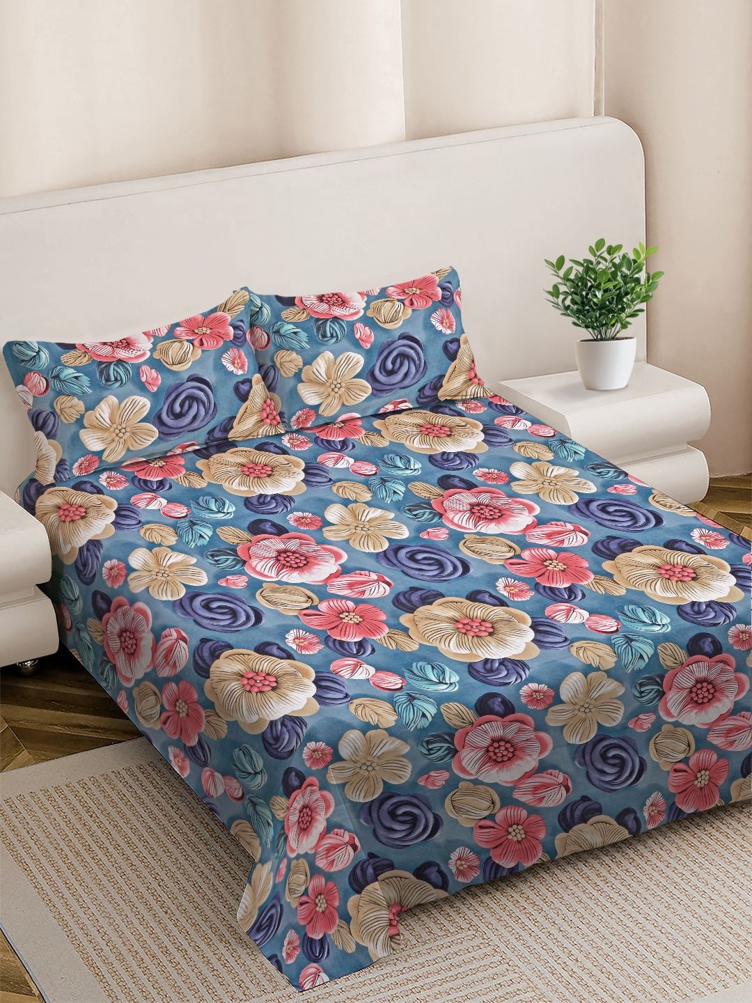 Myntra Elegant Homes Blue Floral 300 TC King Size 7D Bedsheet & 2 Pillow Covers