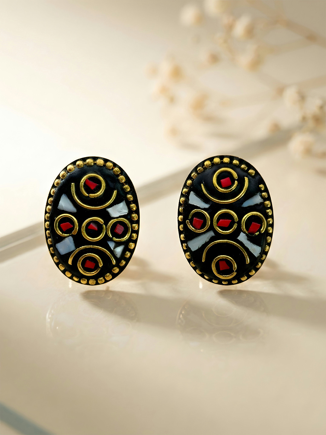 ADIVA Gold Plated Oval Shape Grey Red Stone Statement Casual Wear Stud Earrings