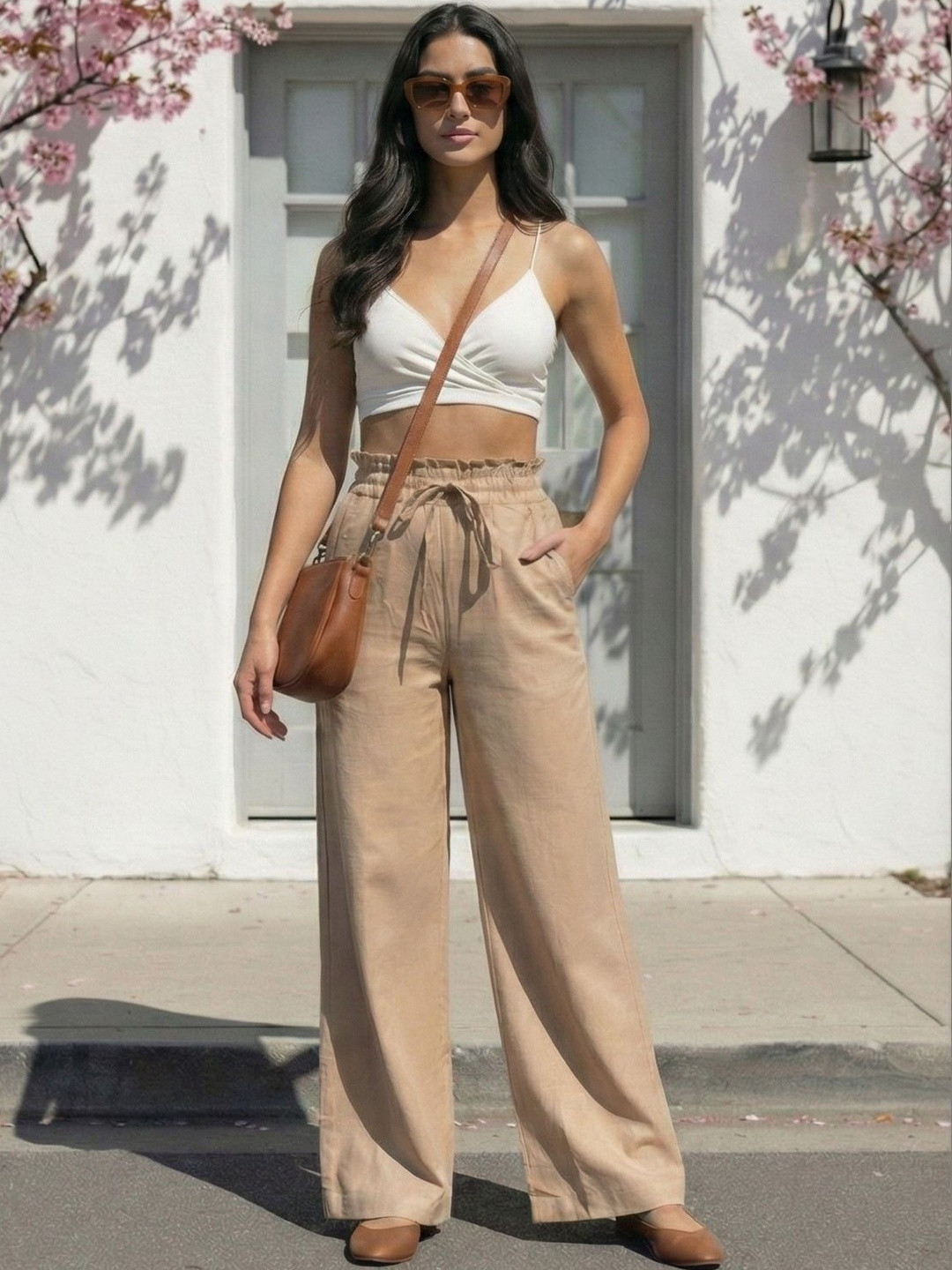 zuri Women's High-Rise Paperbag Waist Wide Leg Office & Casual Trousers