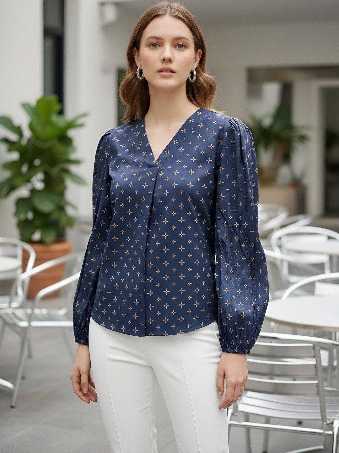 Nayo Geometric Print Puff Sleeve Cotton Blend Top