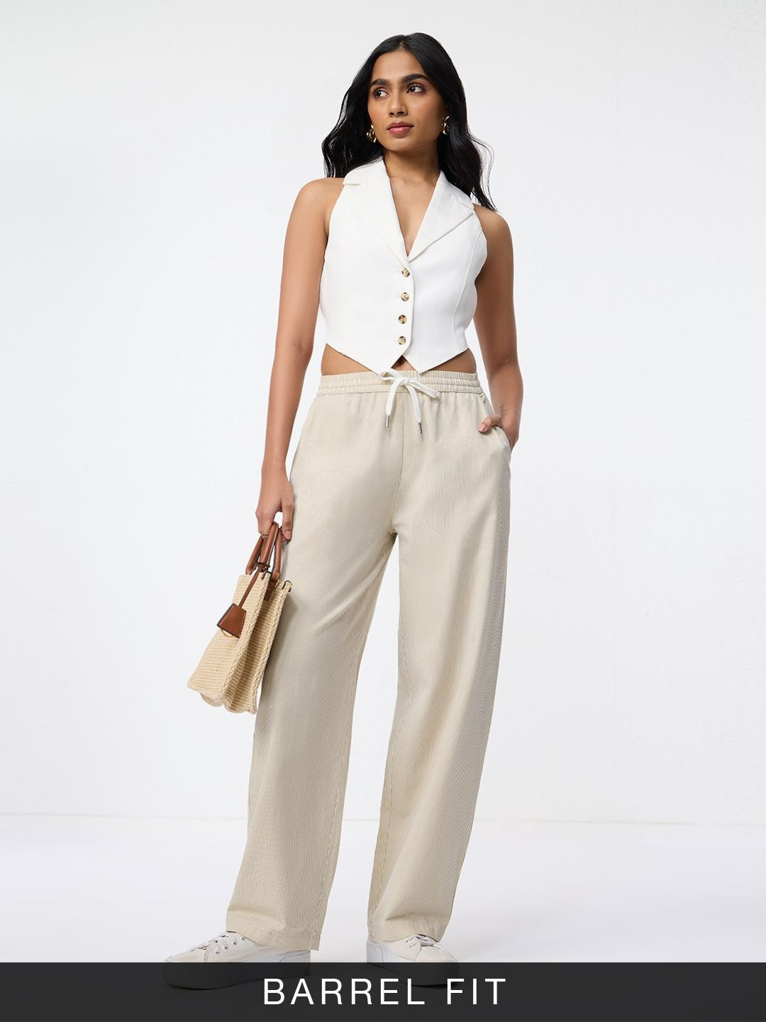 The Souled Store Women Barrel Fit Striped Cream Pants
