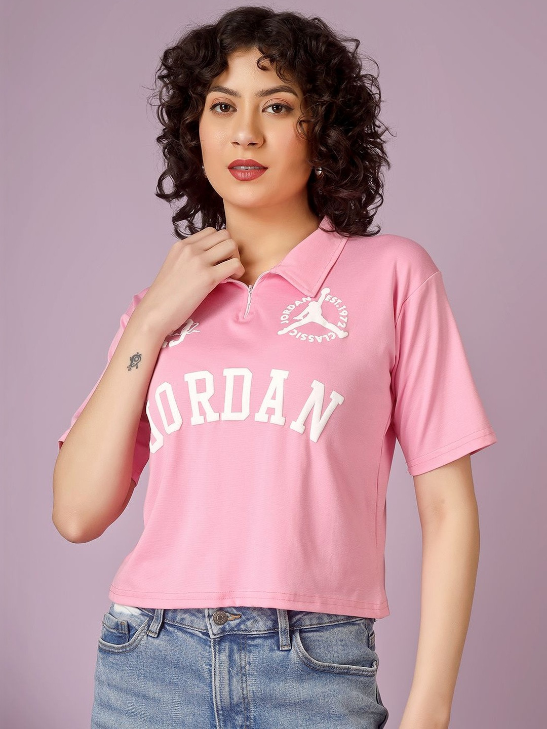 Yunic29 Women Printed Polo Collar T-shirt