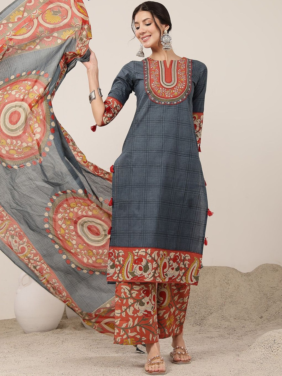 GULMOHAR JAIPUR Women Ethnic Motifs Printed Regular Pure Cotton Kurta with Trousers & With Dupatta