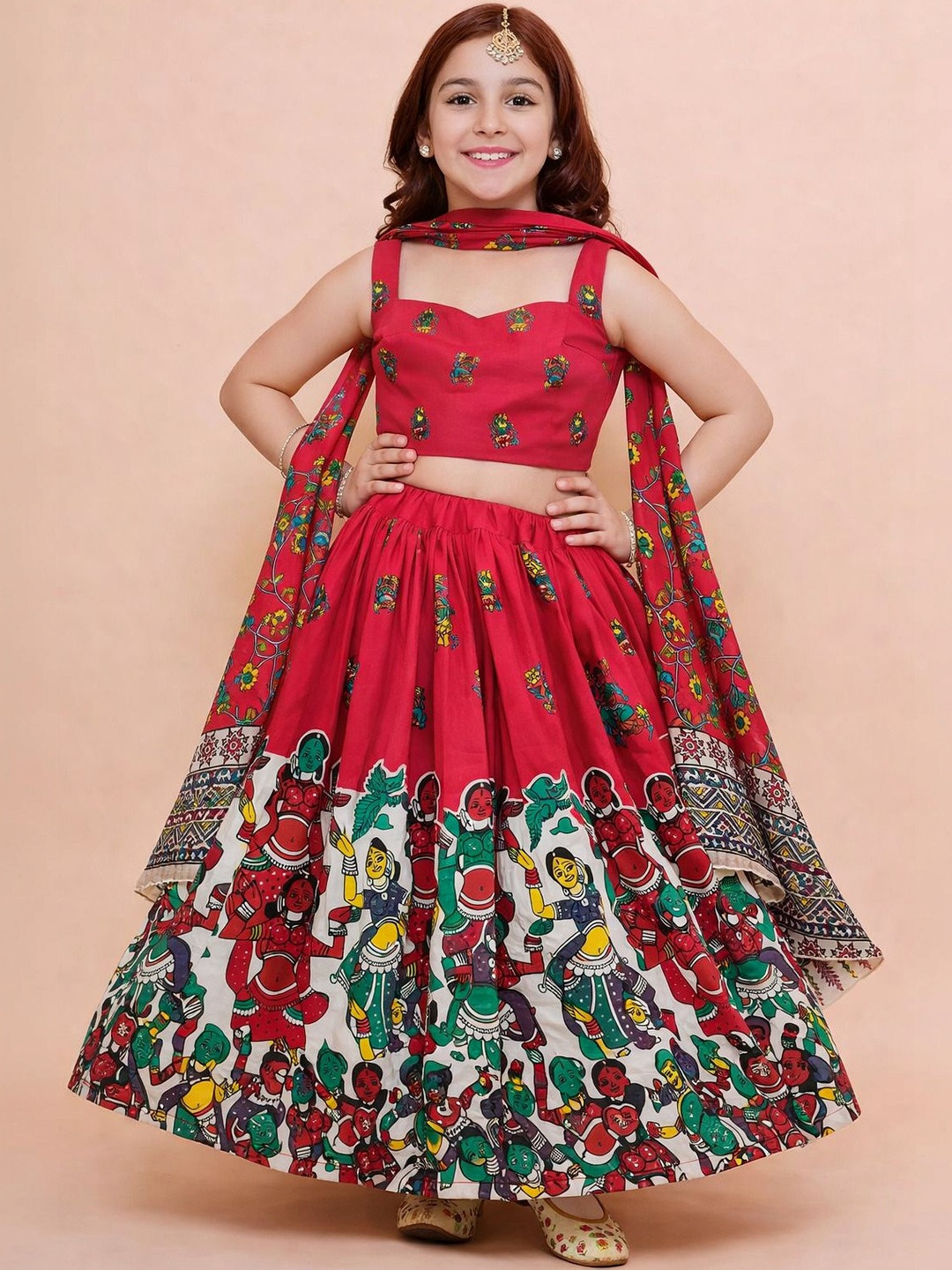 KATRODIYA ENTERPRISE Girls Printed Kalamkari Semi-Stitched Lehenga & Blouse With Dupatta