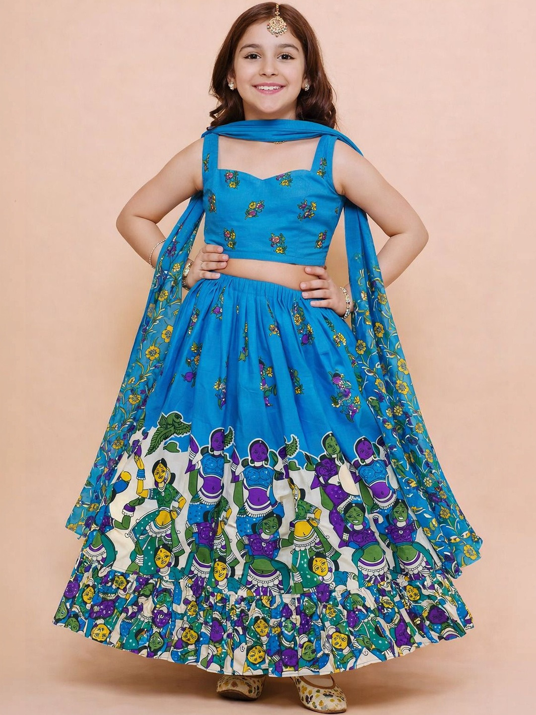 KATRODIYA ENTERPRISE Girls Printed Kalamkari Ready to Wear Lehenga & Blouse With Dupatta