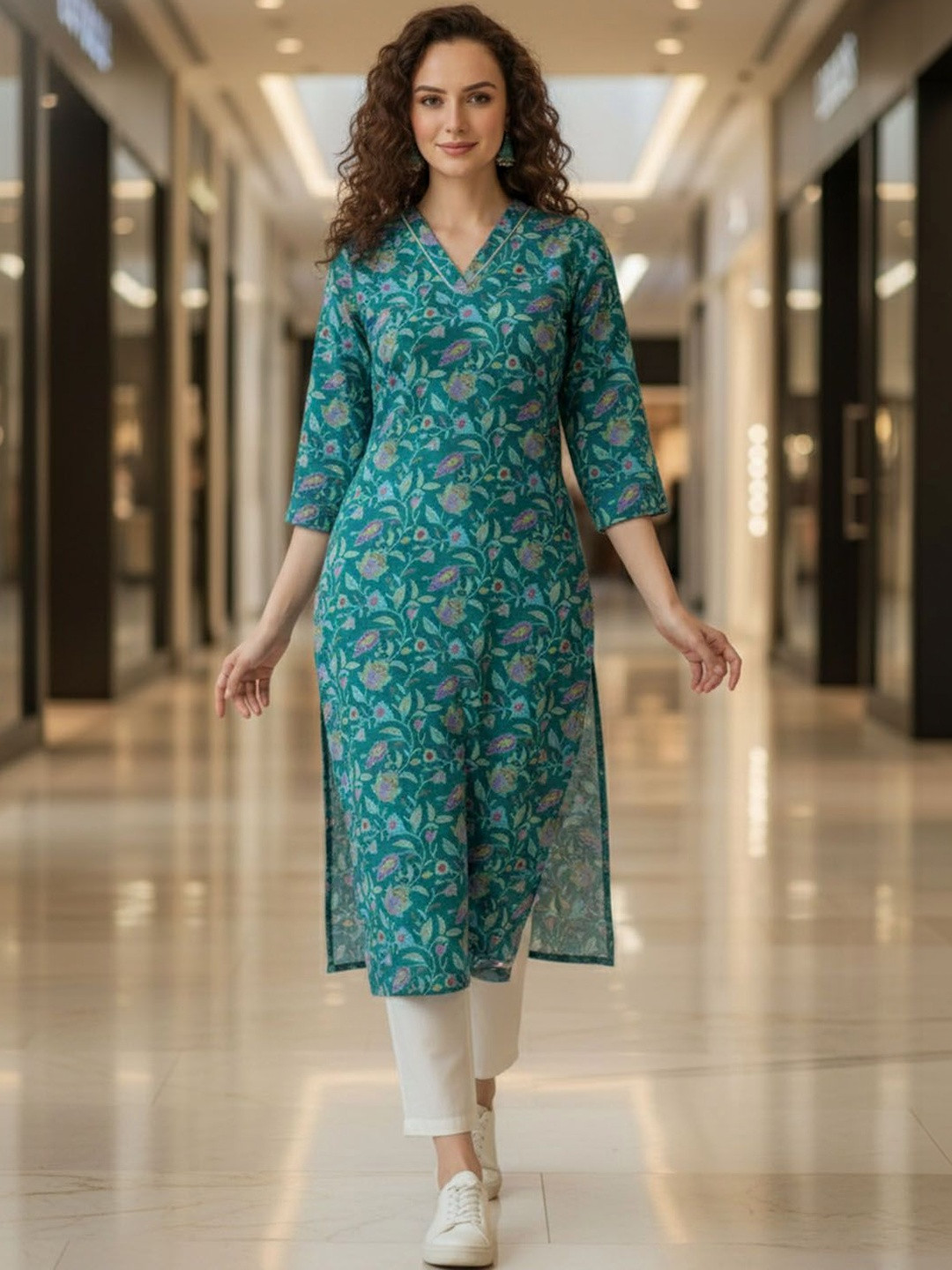 SZN Women Printed Mirror Work Floral Kurta
