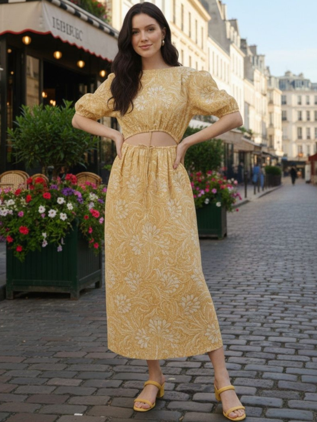 GENZILOOKS Floral Print Puff Sleeve A-Line Midi Dress