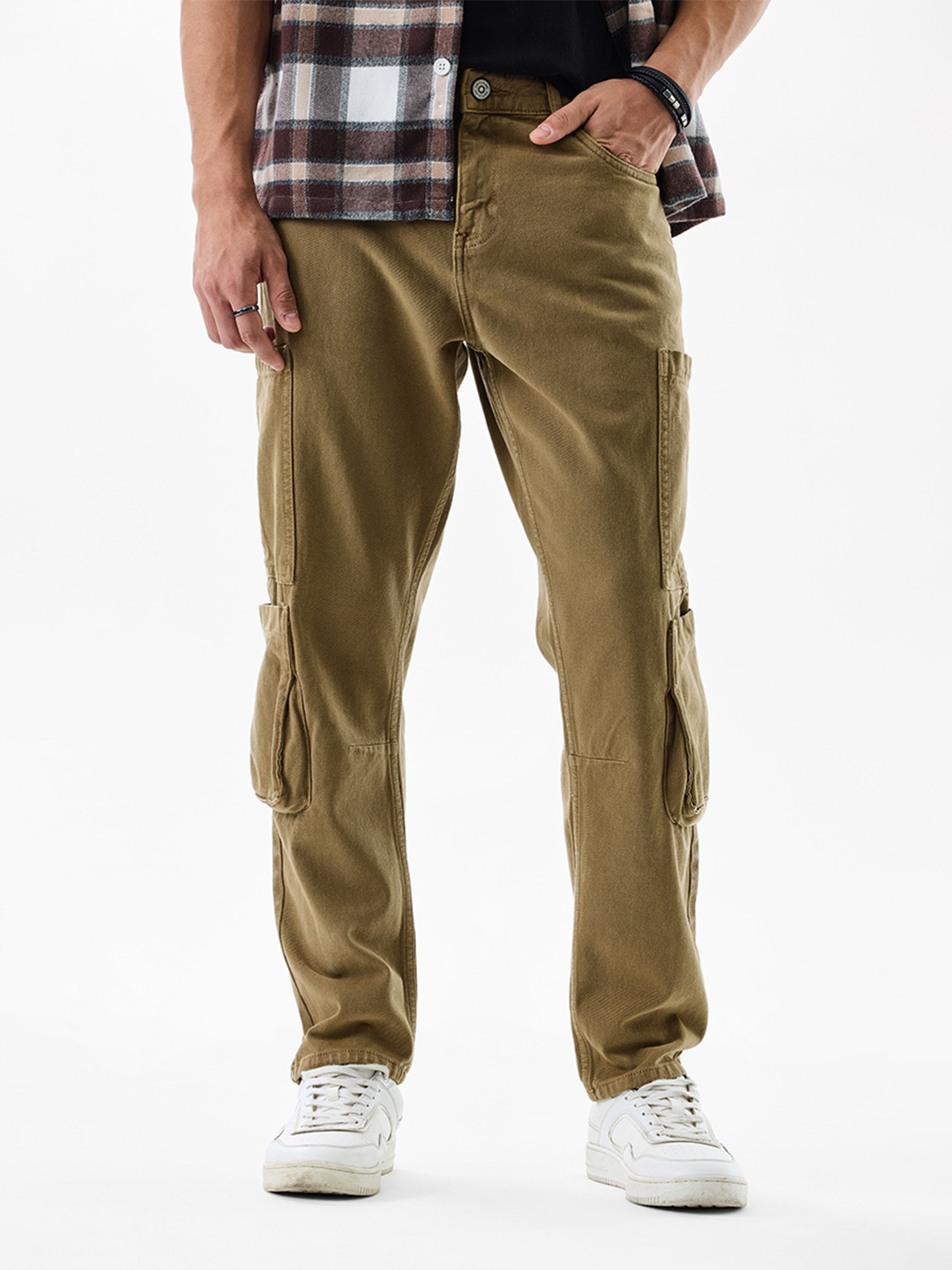 Snitch Men Brown Baggy Fit Cargo Jeans