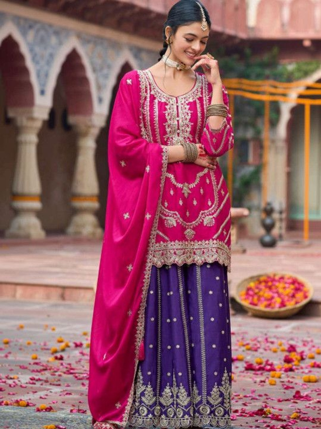 LH ENTERPRISE Women Ethnic Motifs Embroidered Regular Thread Work Kurta with Sharara & With Dupatta