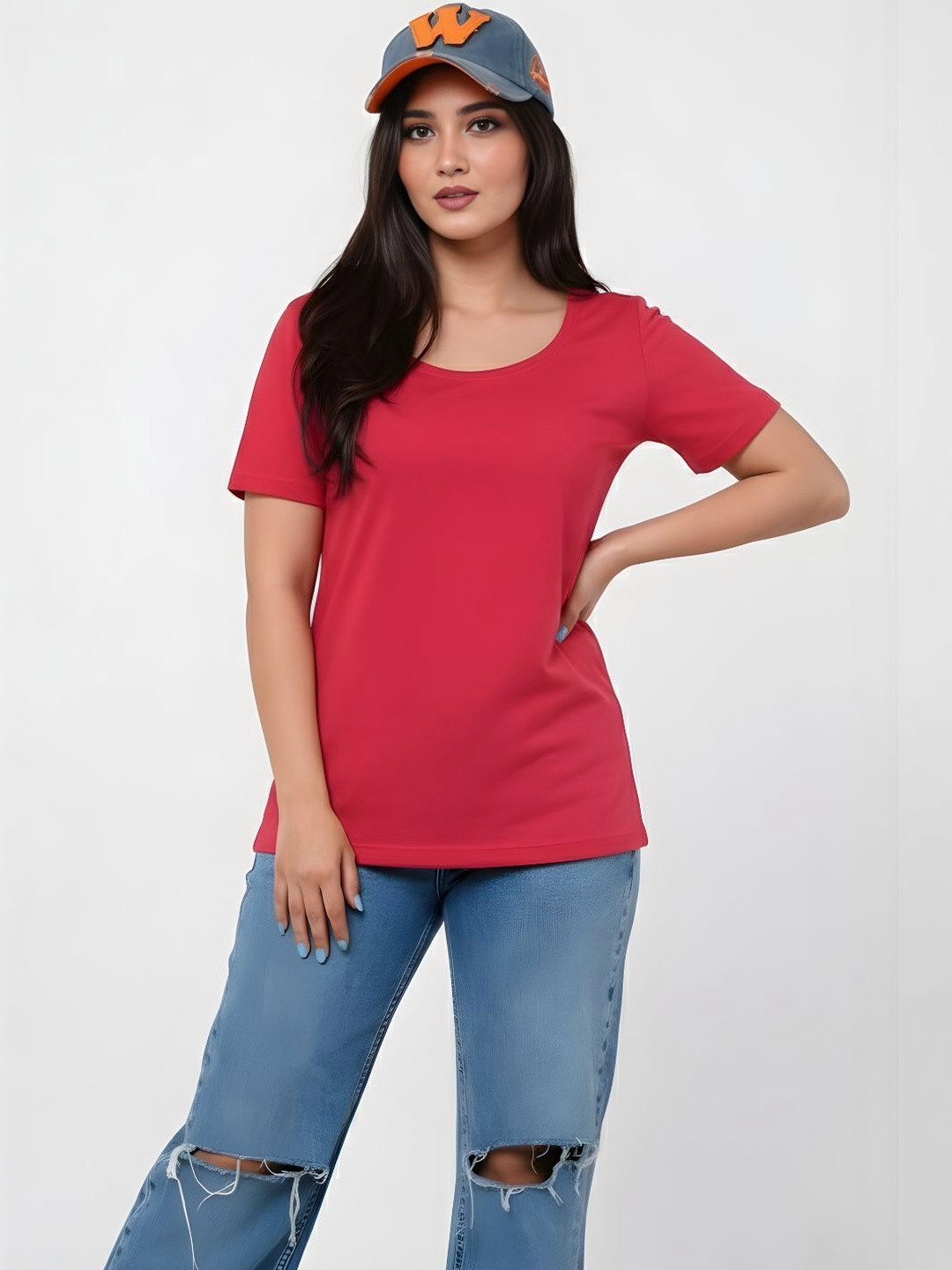 GlamZei Solid Cotton Round Neck Relaxed Fit Casual T-Shirt