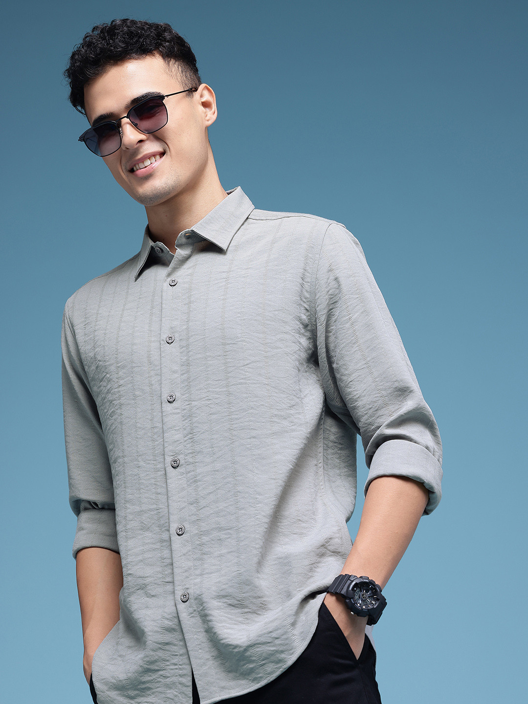 HERE&NOW Slim Fit Self Striped Casual Shirt
