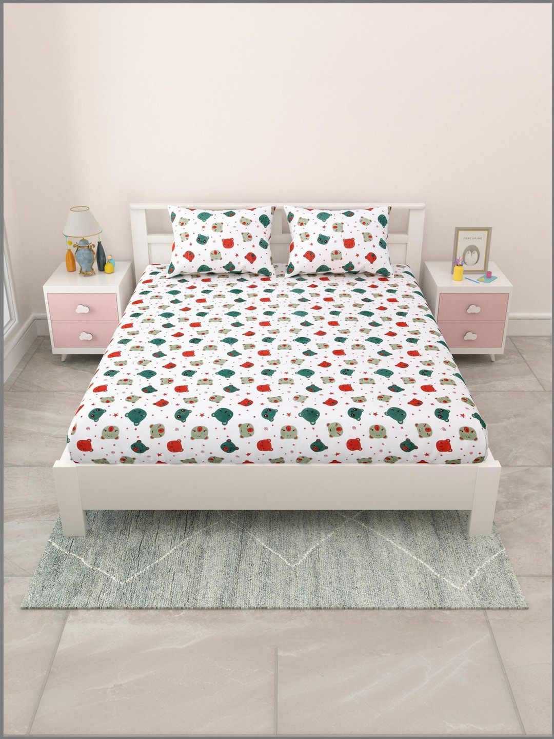 MAFATLAL Teal Cartoon Characters 144 TC Bedsheet with 2 Pillow Covers