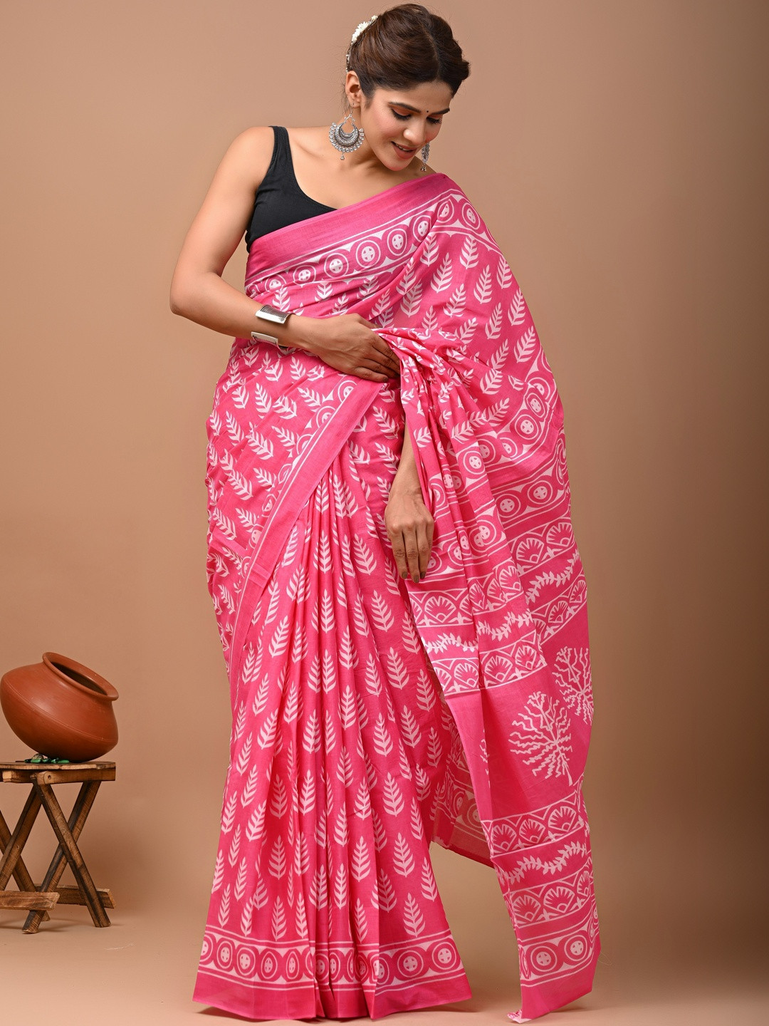 RAMNATHS Ethnic Motifs Pure Cotton Handloom Block Print Saree