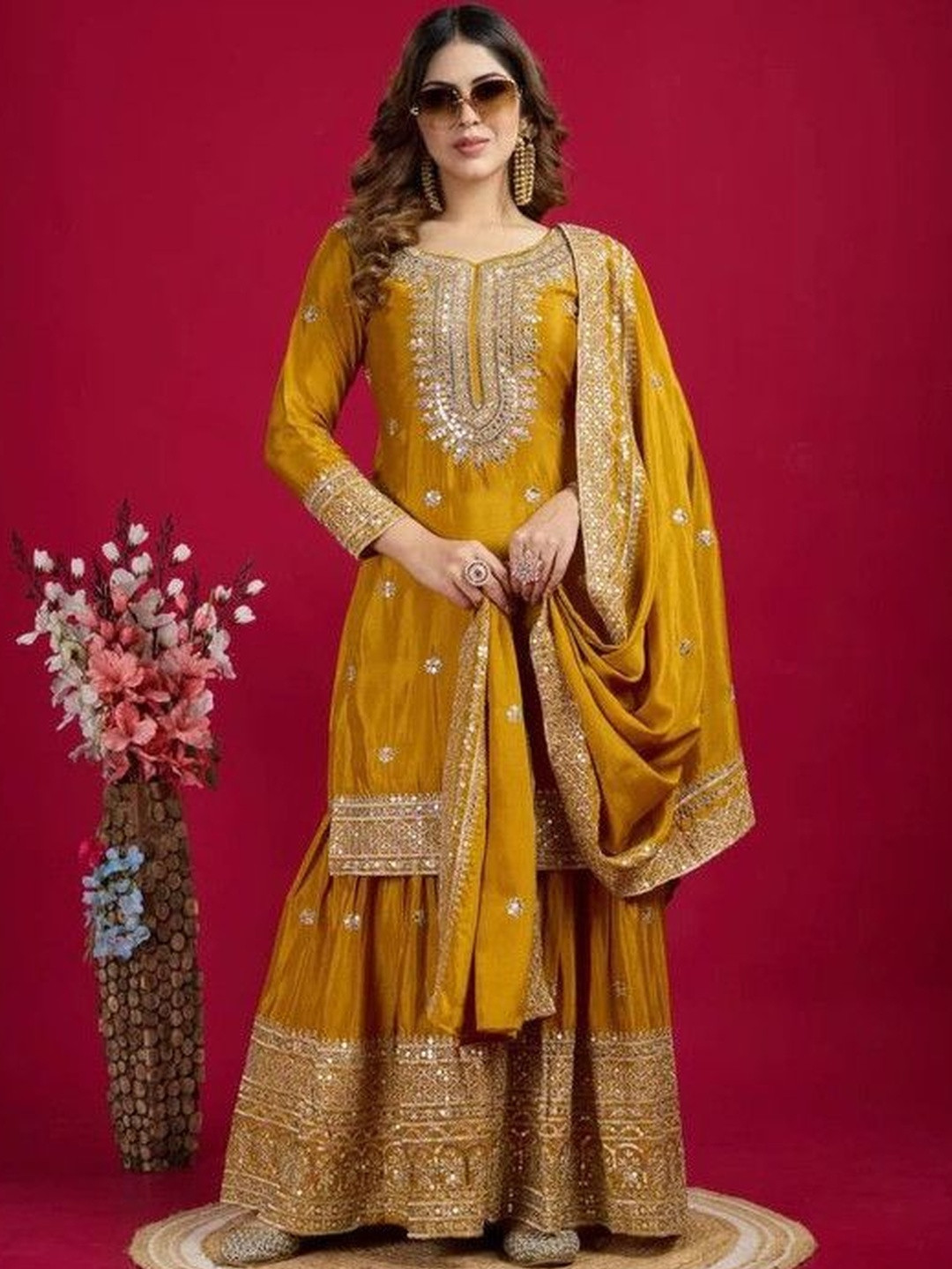 LH ENTERPRISE Women Ethnic Motifs Embroidered Regular Mirror Work Kurta with Sharara & With Dupatta
