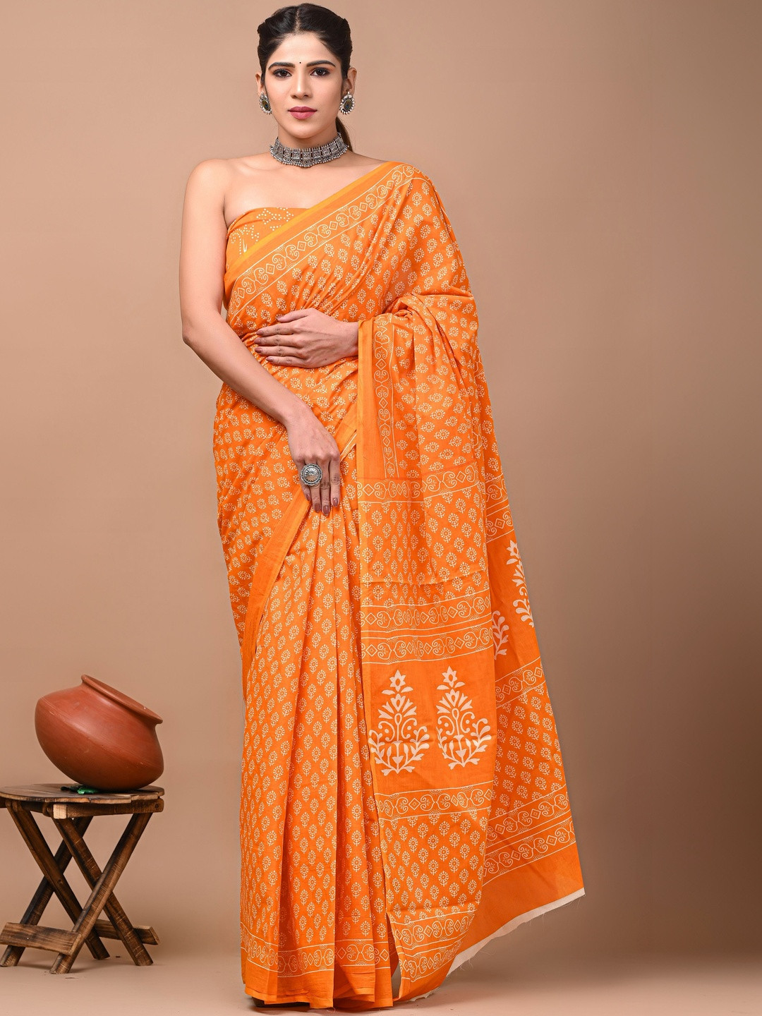 RAMNATHS Ethnic Motifs Pure Cotton Handloom Block Print Saree