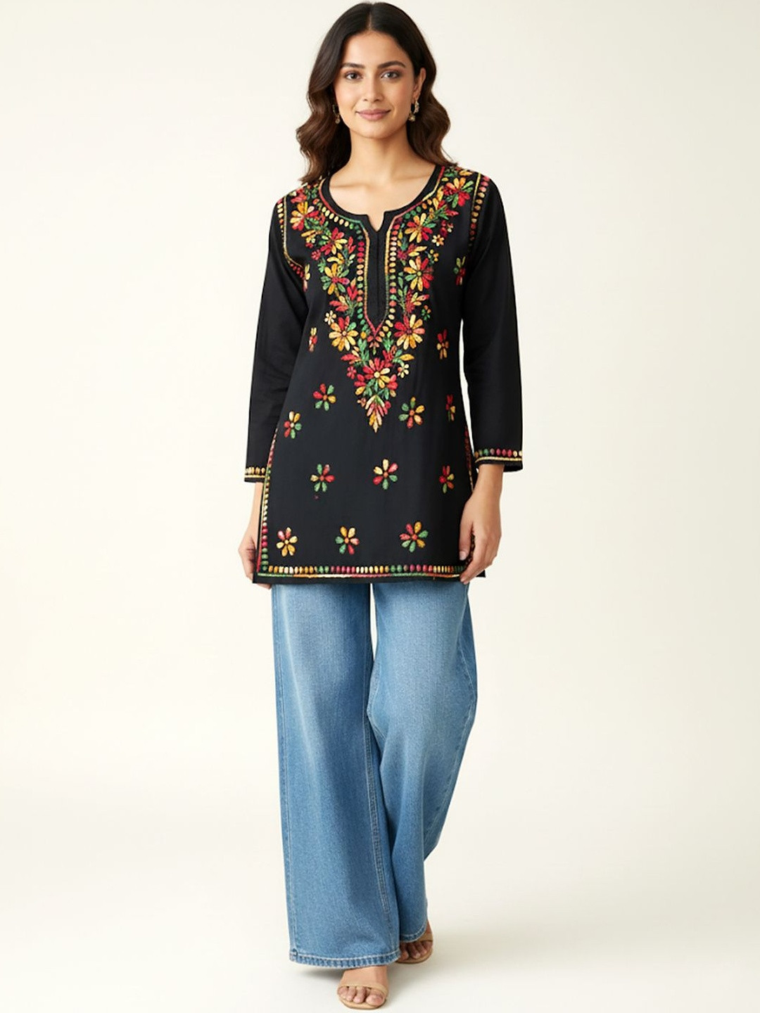 Echo Ethnic Floral Embroidered Thread Work Pure Cotton Blend Thread Work Kurti