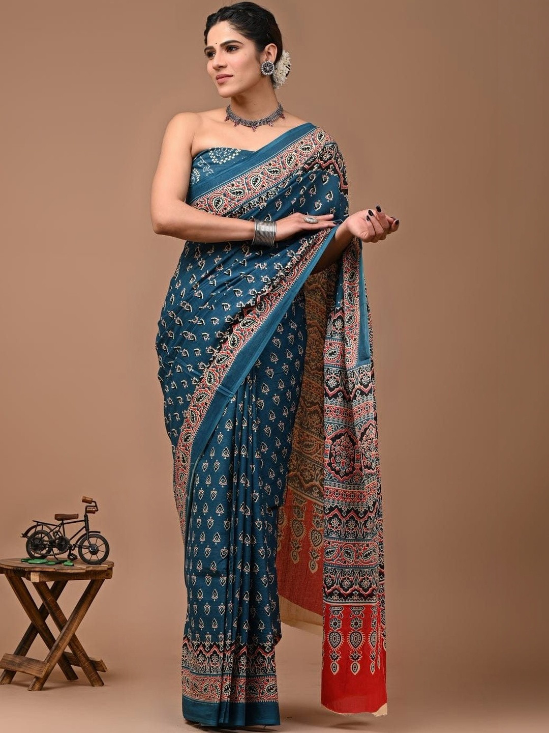 RAMNATHS Ethnic Motifs Pure Cotton Handloom Block Print Saree