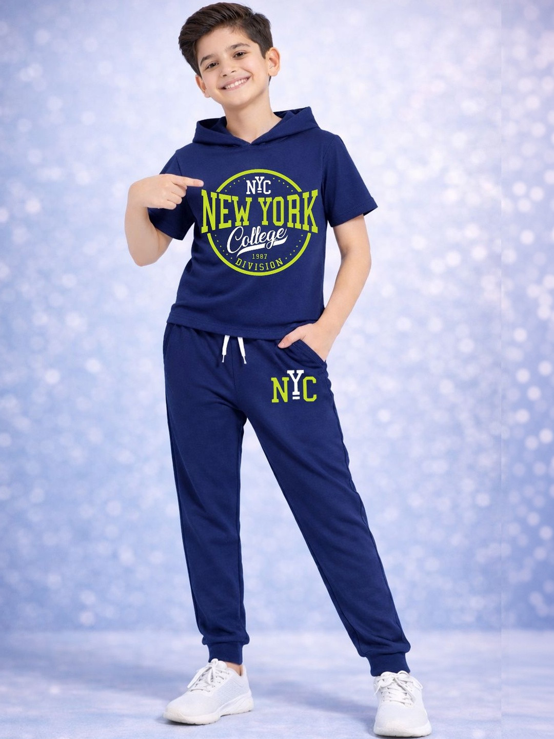 YK X Trampoline Boys NYC New York College Printed Hoodie T-Shirt & Track Pant Set