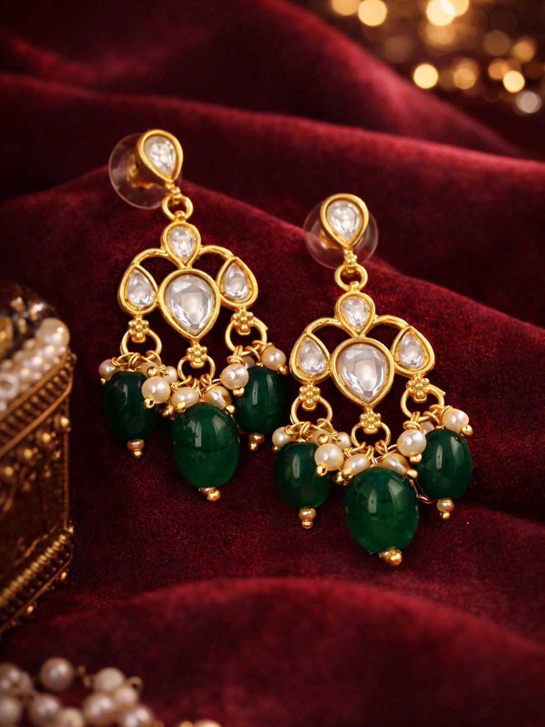 SUGARFRILL Ethnic Gold Plated Kundan Chandelier Earrings