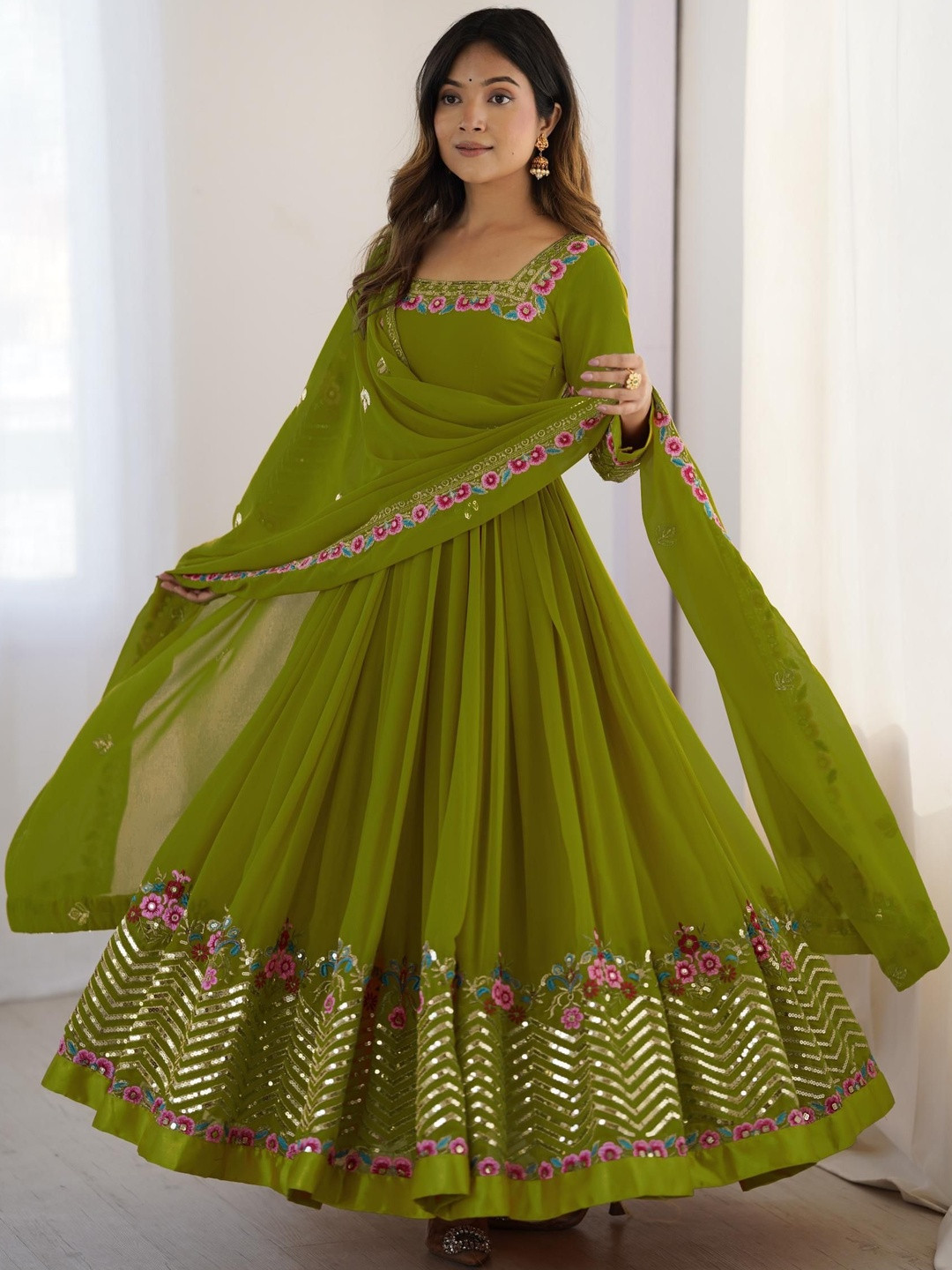 KALINI Women Ethnic Motifs Embroidered Panelled Sequinned Kurta with Pyjamas & With Dupatta