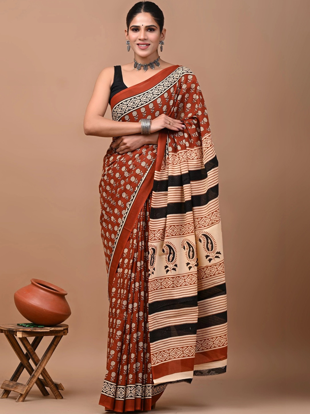 RAMNATHS Ethnic Motifs Pure Cotton Handloom Block Print Saree