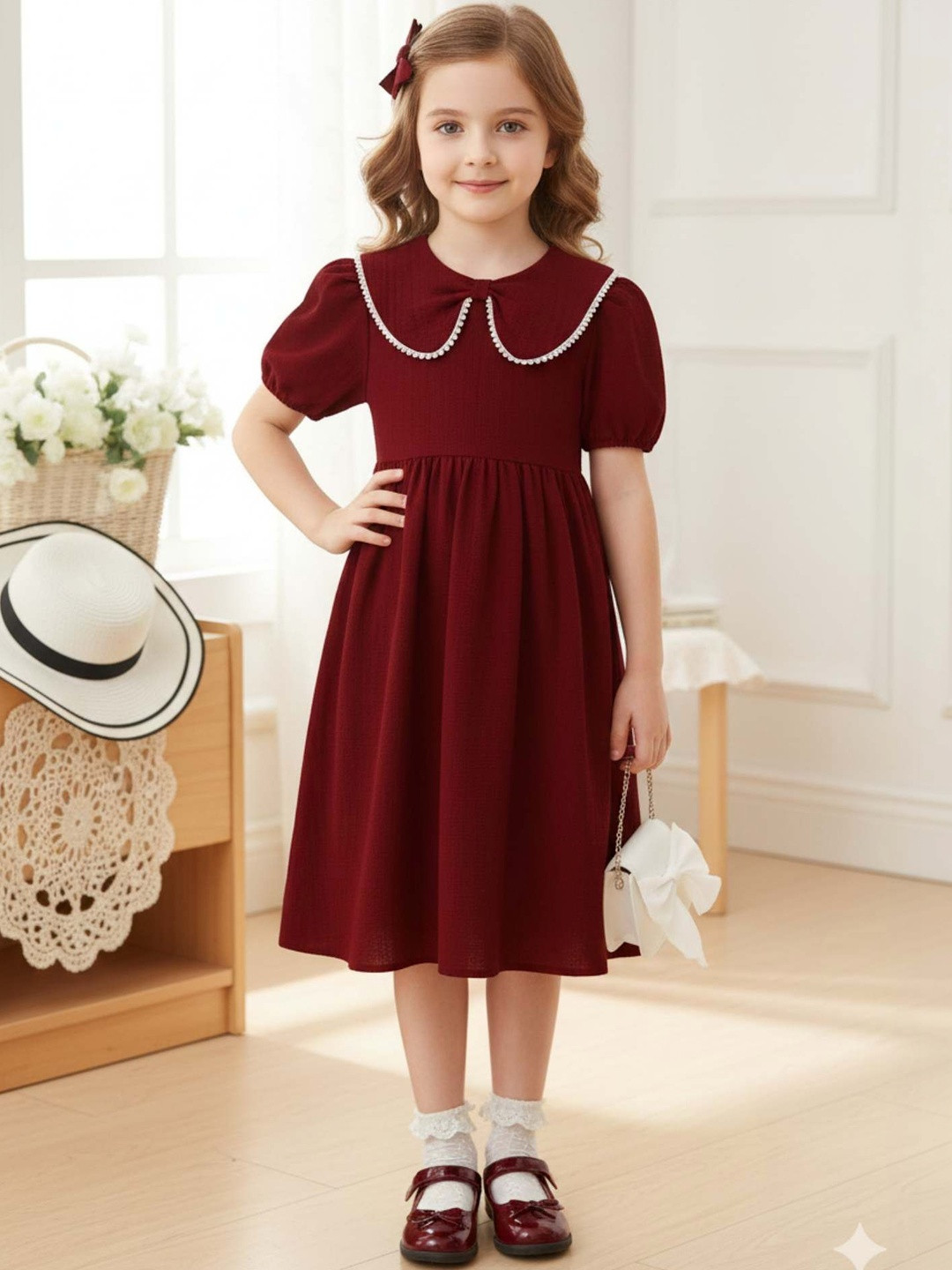 MENSBIT Self Design Round Neck A-Line Cotton Dress