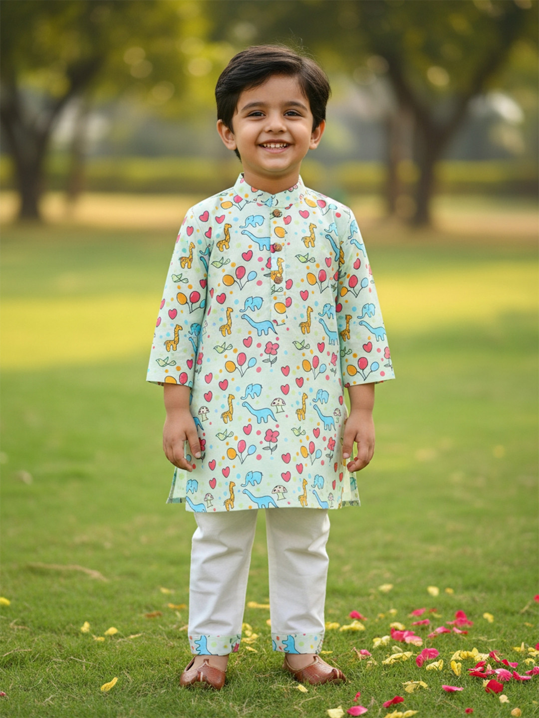 Desi Soota Boys Green Animal Printed Pure Cotton Kurta with Pyjamas