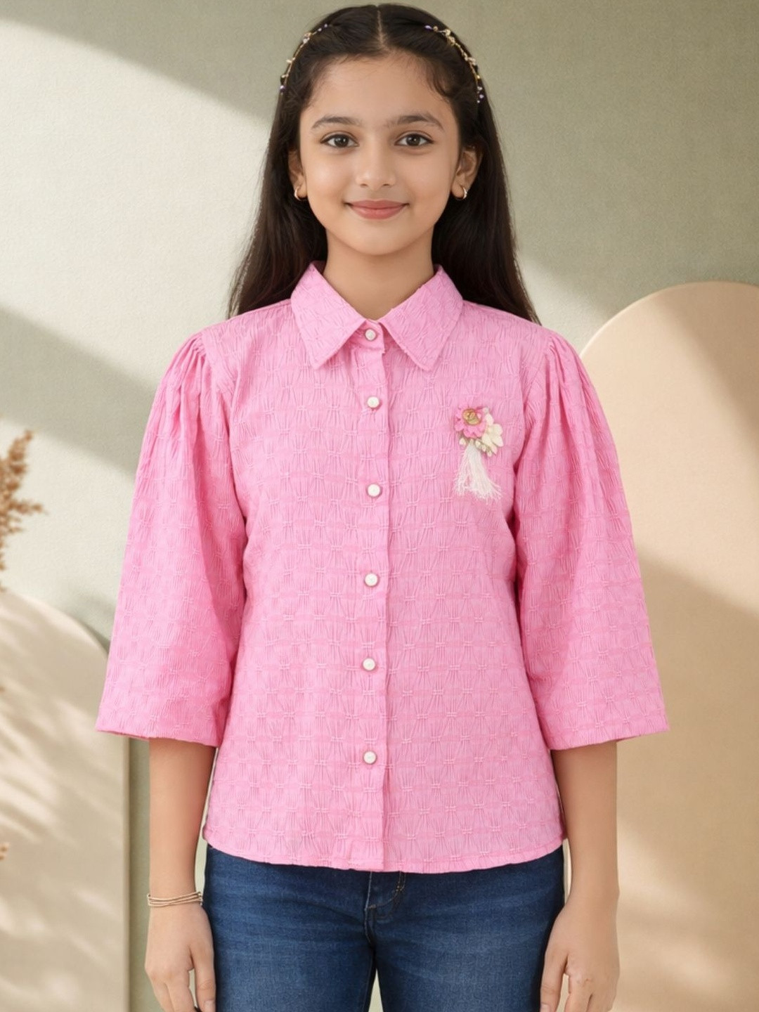 YK Girls Textured Design with Appliqu Polycotton Puff Sleeves Shirt Top