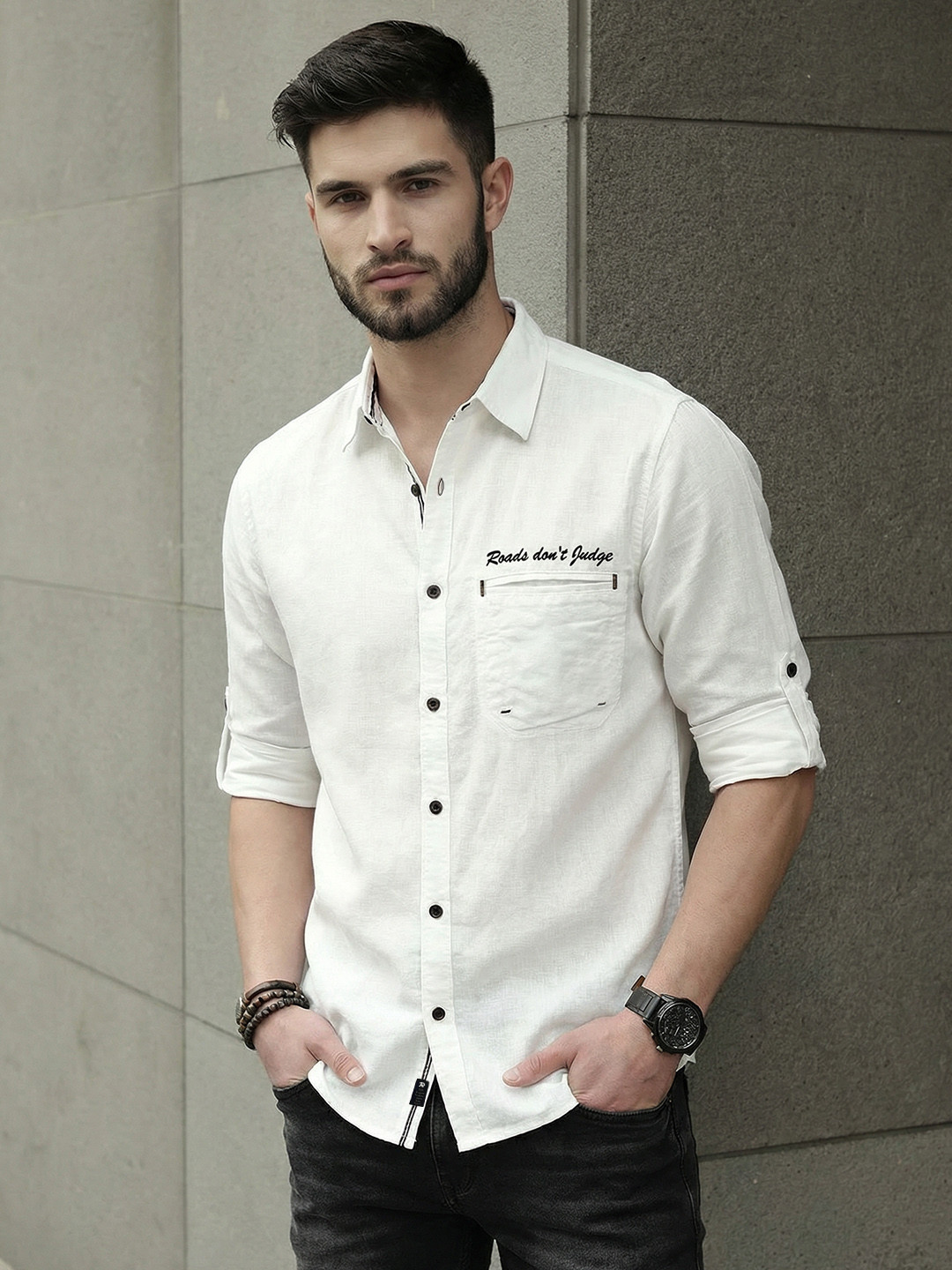 Roadster Men White Solid Casual Linen-Cotton Shirt
