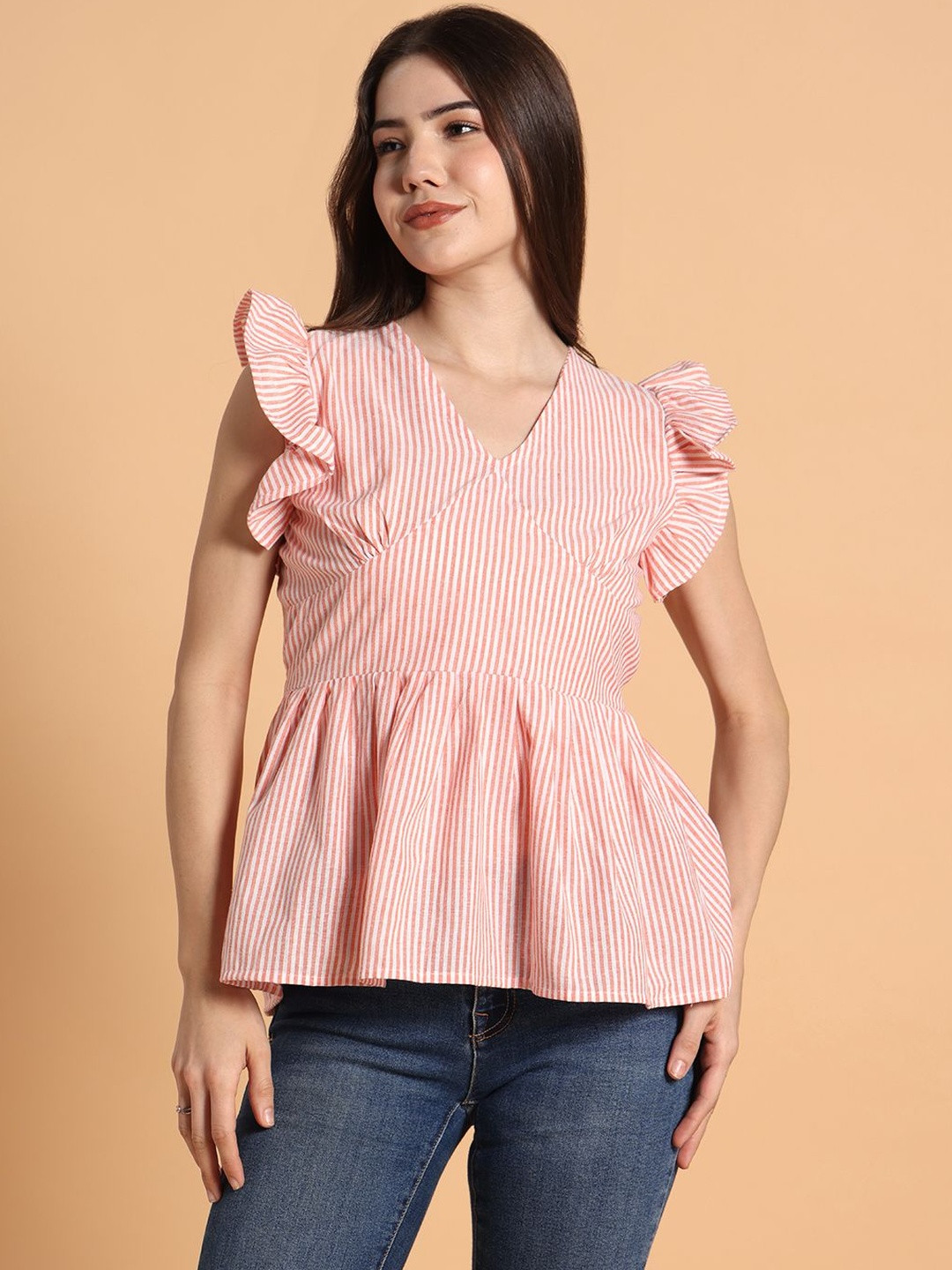 ROSEMELON Striped Cotton Peplum Top